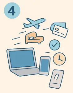icone représentant un avion, une chambre, des tickets sortant de l'ordinateur